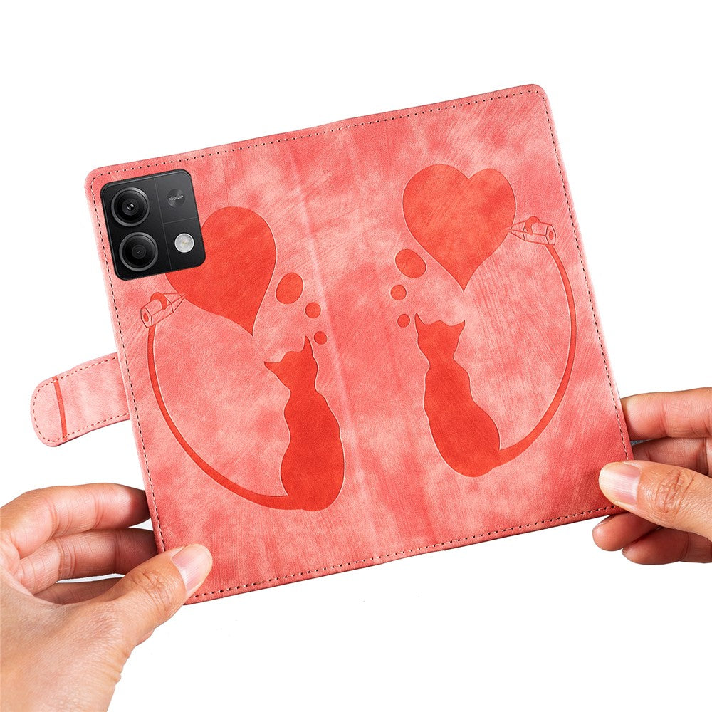 For Xiaomi Redmi Note 13 5G Case Love Heart Cat Imprinted Leather Phone Cover with Card Slots Stand