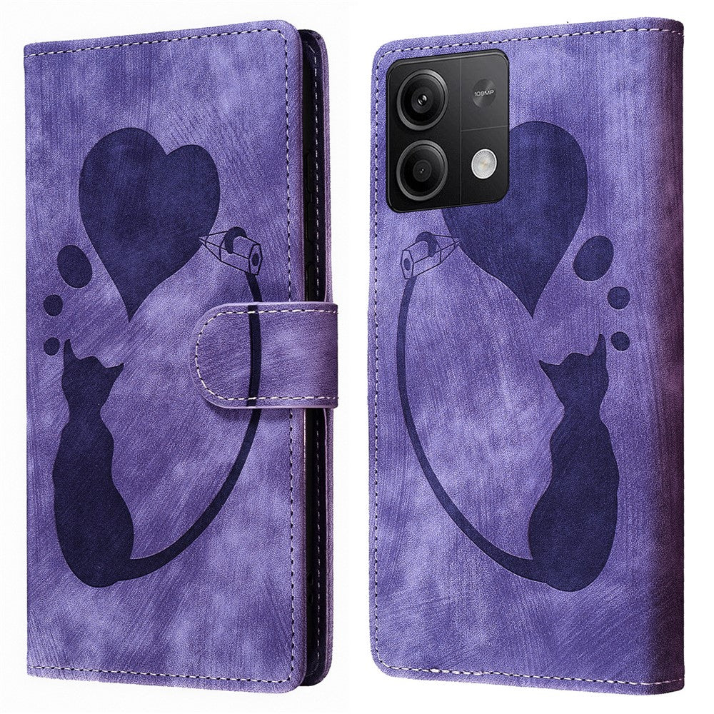For Xiaomi Redmi Note 13 5G Case Love Heart Cat Imprinted Leather Phone Cover with Card Slots Stand