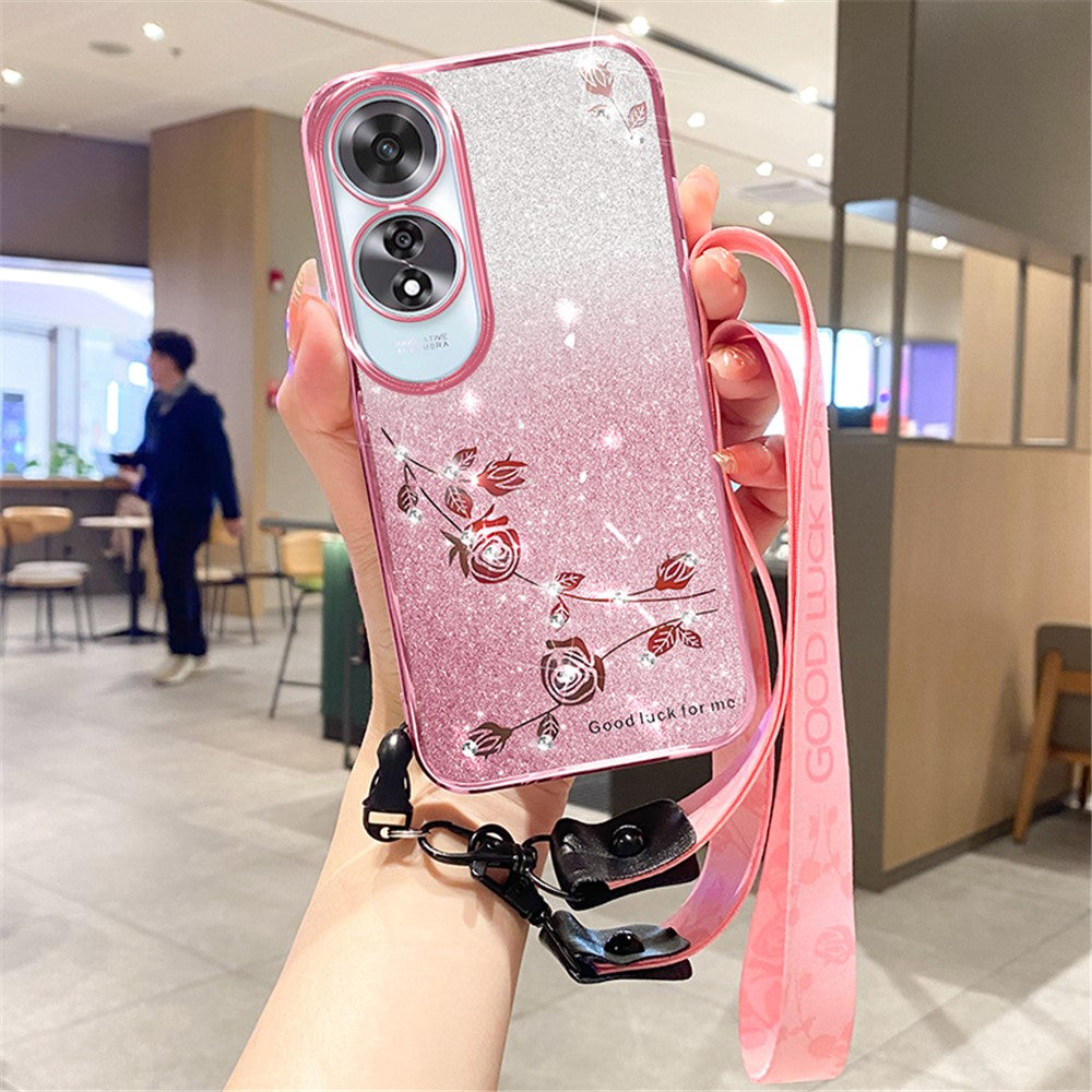 KADEM For Oppo A60 4G Case with Lanyard Flower Glitter Shockproof Soft TPU Phone Cover