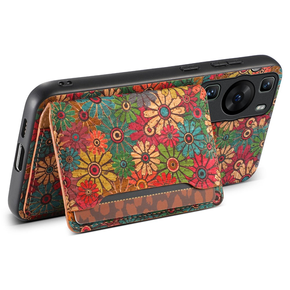Huawei P60 / P60 Pro-skal i PU-läder med korthållare, blommande blomma, baksida för mobil