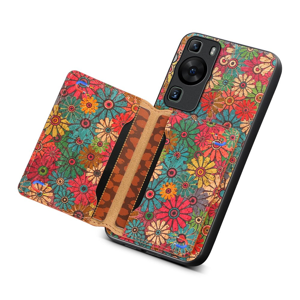 Huawei P60 / P60 Pro-skal i PU-läder med korthållare, blommande blomma, baksida för mobil
