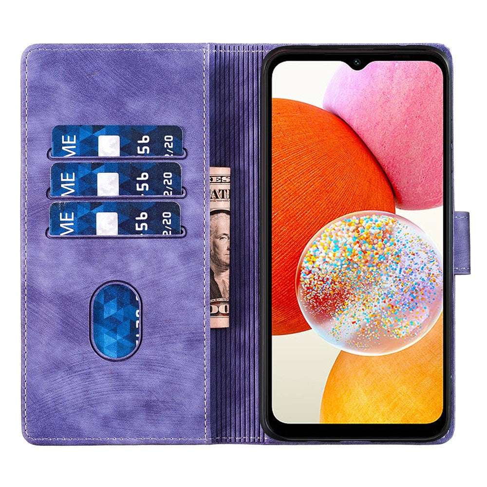 Samsung Galaxy A14 5G / 4G-skal med katt-hjärtmönster i PU-läder, fällbart mobilskal