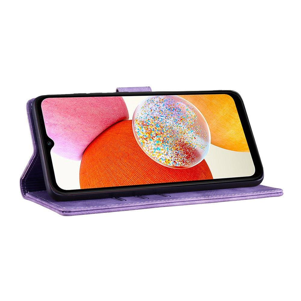 Samsung Galaxy A14 5G / 4G-skal med katt-hjärtmönster i PU-läder, fällbart mobilskal