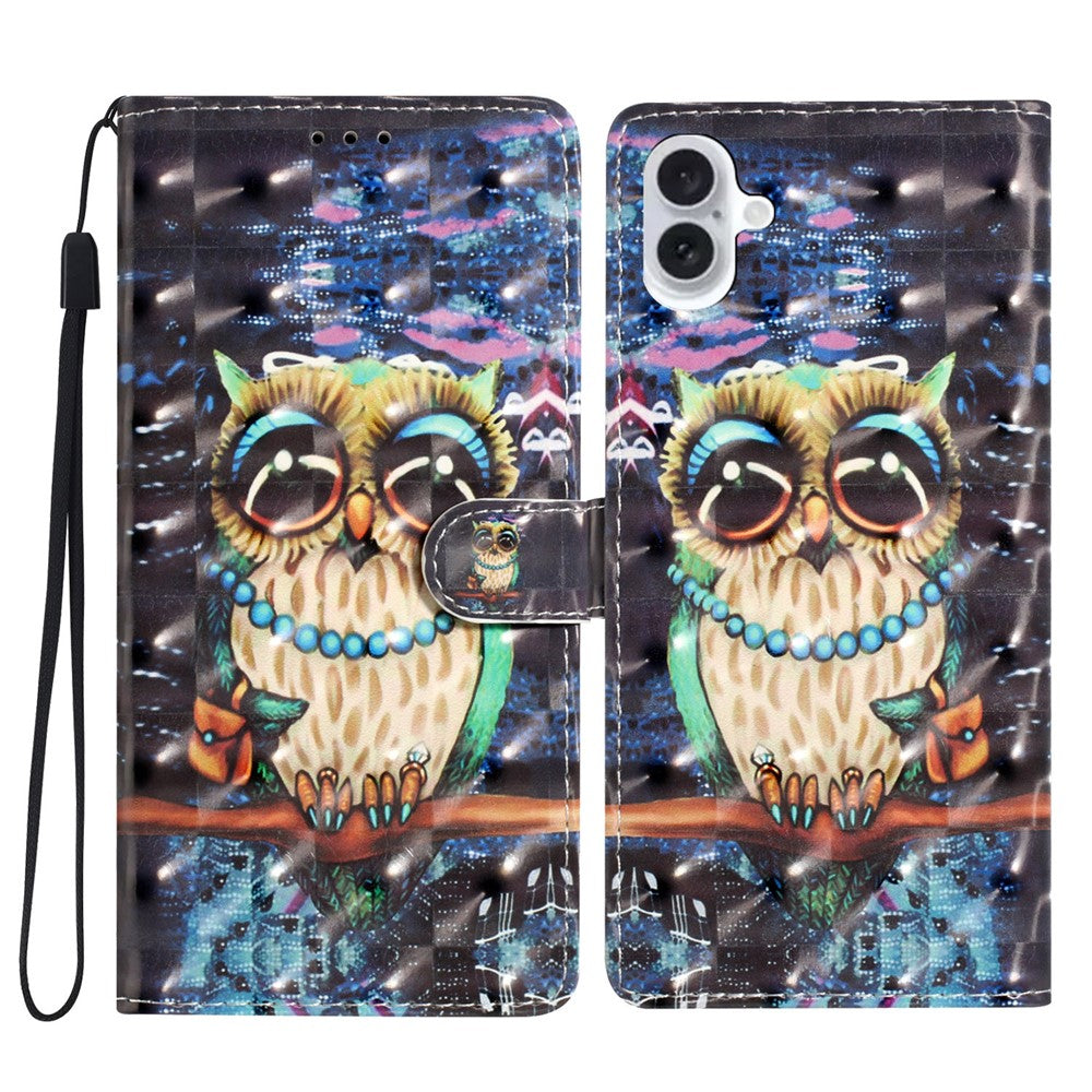 For iPhone 16 Case PU Leather 3D Pattern Printing Phone Wallet Cover