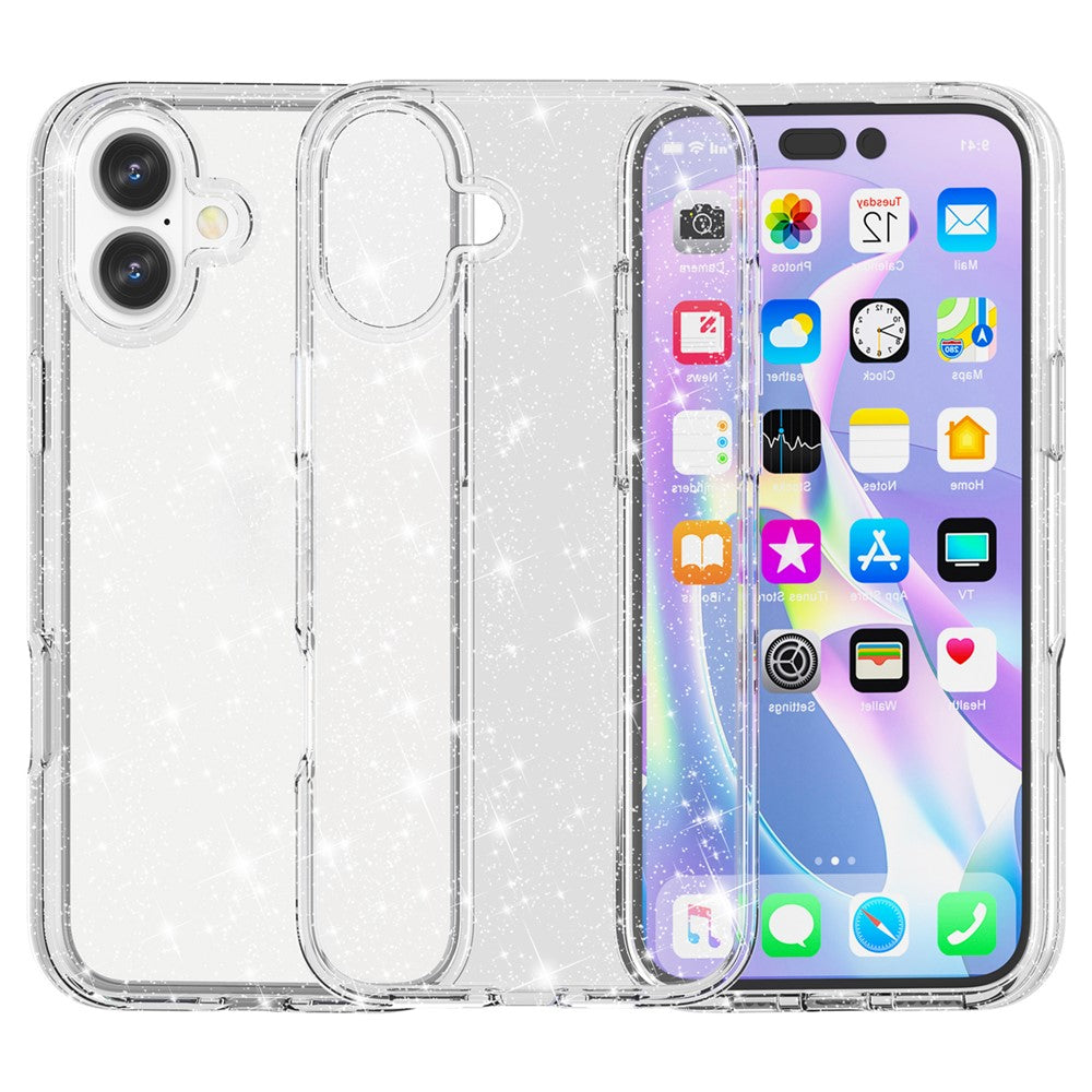 For iPhone 16 Case Sparkly Glitter TPU Frame PC Back Hybrid Phone Cover