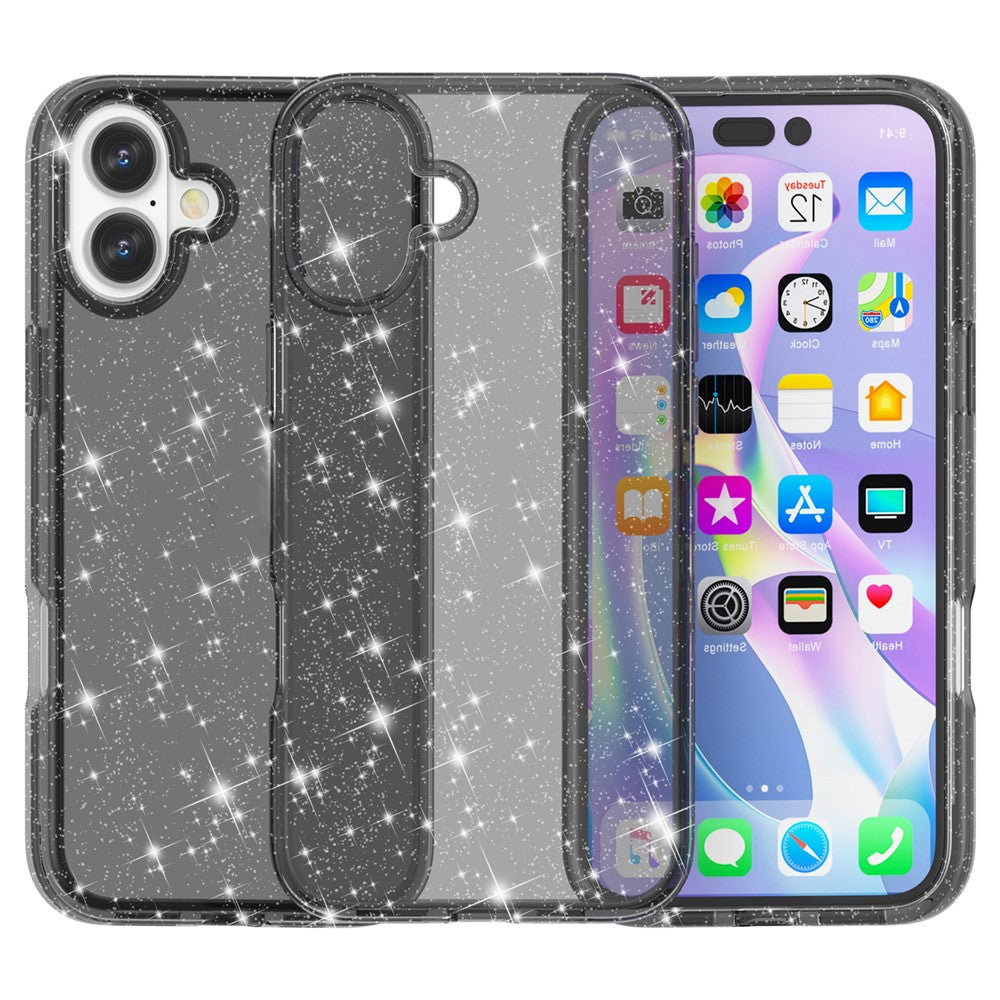 For iPhone 16 Case Sparkly Glitter TPU Frame PC Back Hybrid Phone Cover