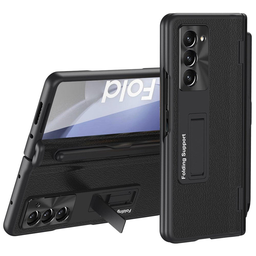 For Samsung Galaxy Z Fold6 5G Kickstand Case Leather+PC Phone Cover with Stylus and Tempered Glass Film