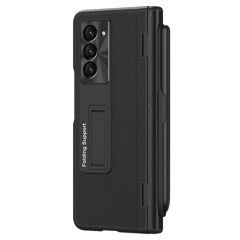 For Samsung Galaxy Z Fold6 5G Kickstand Case Leather+PC Phone Cover with Stylus and Tempered Glass Film