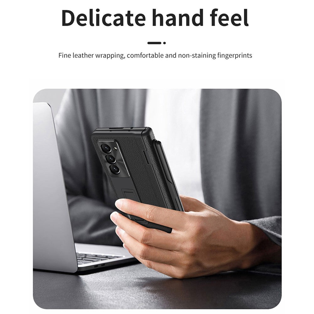 For Samsung Galaxy Z Fold6 5G Kickstand Case Leather+PC Phone Cover with Stylus and Tempered Glass Film