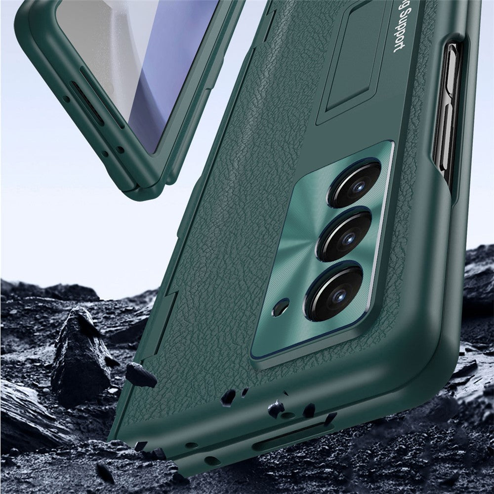 For Samsung Galaxy Z Fold6 5G Kickstand Case Leather+PC Phone Cover with Stylus and Tempered Glass Film