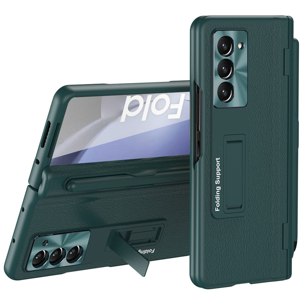 For Samsung Galaxy Z Fold6 5G Kickstand Case Leather+PC Phone Cover with Stylus and Tempered Glass Film