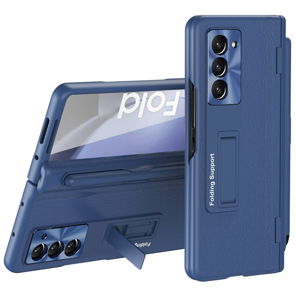 For Samsung Galaxy Z Fold6 5G Kickstand Case Leather+PC Phone Cover with Stylus and Tempered Glass Film