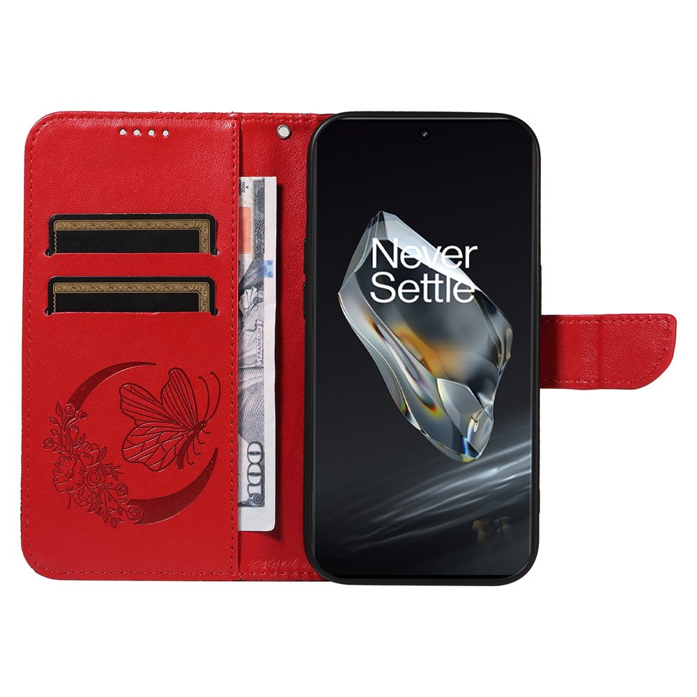 OnePlus 12 5G-skal med fjärilstryck, läderplånbok och rem