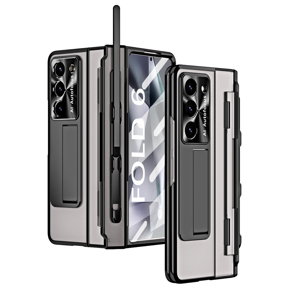 For Samsung Galaxy Z Fold6 5G Kickstand Phone Case PC Folding Cover with Tempered Glass Film + Stylus Pen
