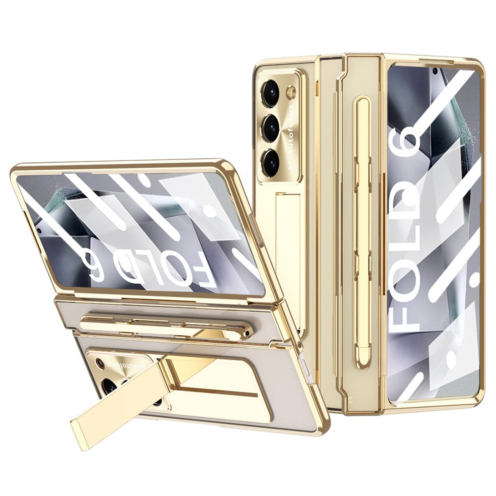 For Samsung Galaxy Z Fold6 5G Kickstand Phone Case PC Folding Cover with Tempered Glass Film + Stylus Pen