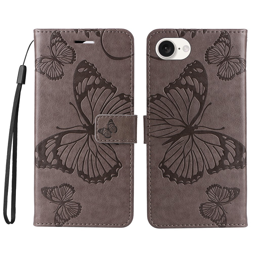Til iPhone 17e / 16e Wallet Case Blomster Sommerfugl Præget Læder Telefoncover Stander