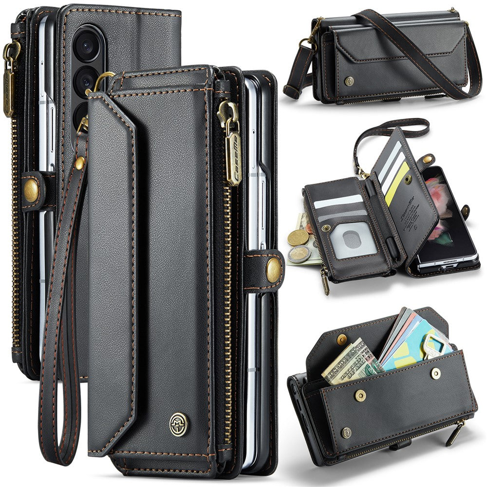 For Samsung Galaxy Z Fold3 5G Leather Case CASEME C36 Zipper Multiple Card Slots Phone Cover with Straps