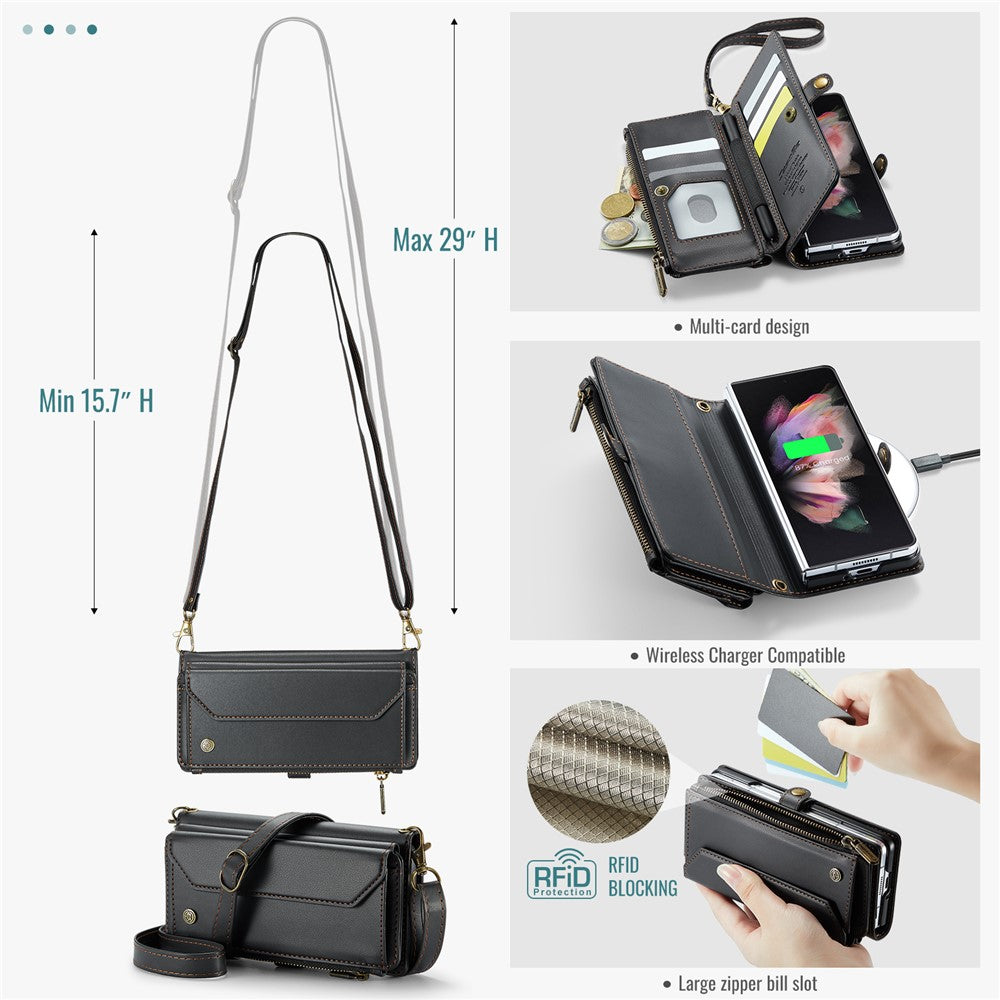 For Samsung Galaxy Z Fold3 5G Leather Case CASEME C36 Zipper Multiple Card Slots Phone Cover with Straps