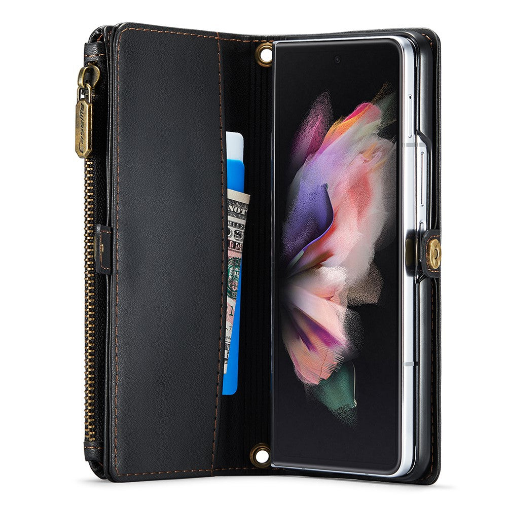 For Samsung Galaxy Z Fold3 5G Leather Case CASEME C36 Zipper Multiple Card Slots Phone Cover with Straps