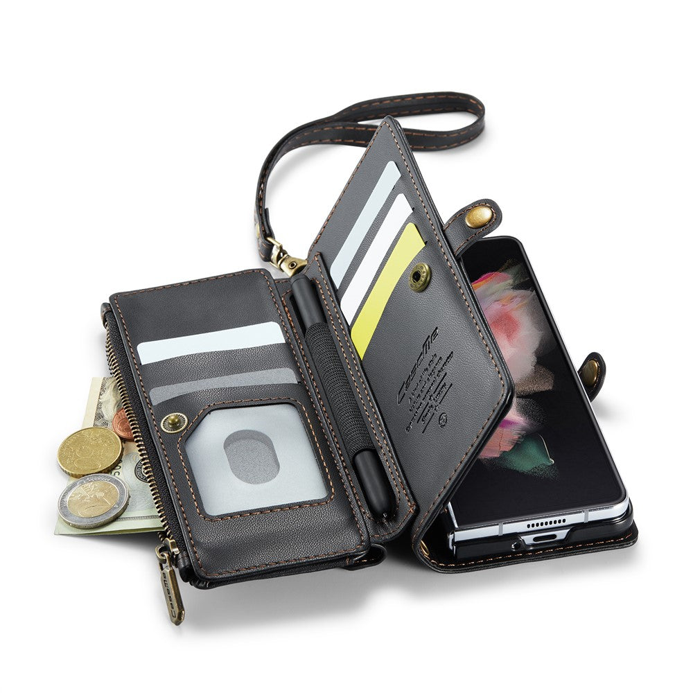 For Samsung Galaxy Z Fold3 5G Leather Case CASEME C36 Zipper Multiple Card Slots Phone Cover with Straps
