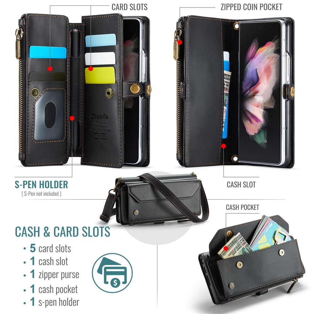For Samsung Galaxy Z Fold3 5G Leather Case CASEME C36 Zipper Multiple Card Slots Phone Cover with Straps