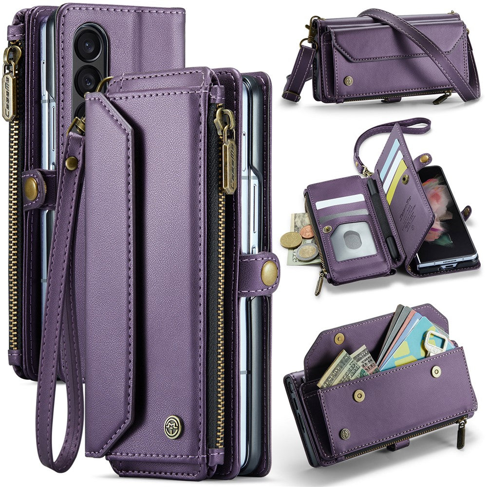 For Samsung Galaxy Z Fold3 5G Leather Case CASEME C36 Zipper Multiple Card Slots Phone Cover with Straps
