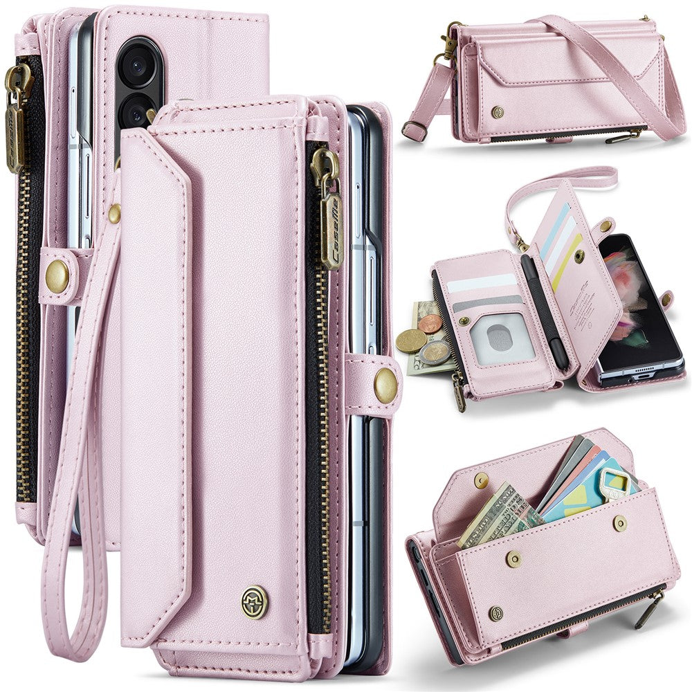 For Samsung Galaxy Z Fold3 5G Leather Case CASEME C36 Zipper Multiple Card Slots Phone Cover with Straps