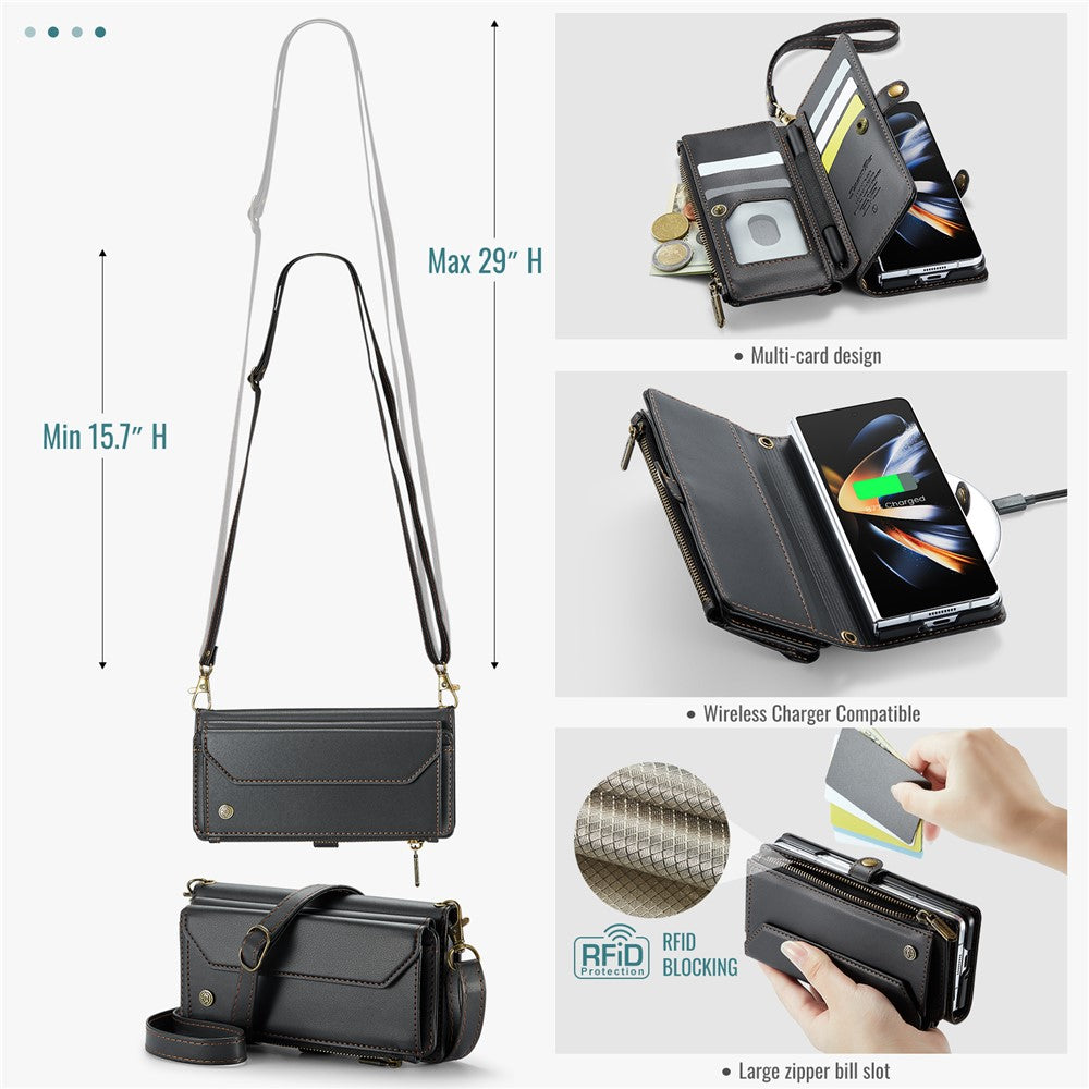 Til Samsung Galaxy Z Fold4 5G Læderetui CASEME C36 Lynlås Flere Kortpladser Telefoncover med Stropper