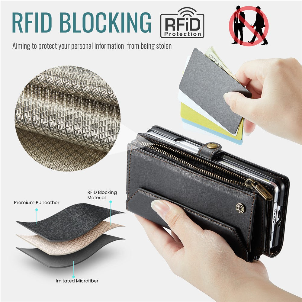Til Samsung Galaxy Z Fold4 5G Læderetui CASEME C36 Lynlås Flere Kortpladser Telefoncover med Stropper