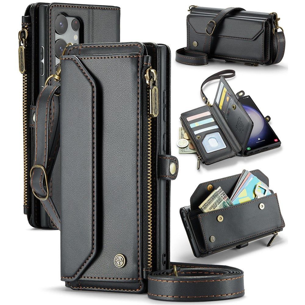 For Samsung Galaxy S23 Ultra Leather Case CASEME C36 Zipper Multiple Card Slots Phone Cover with Straps