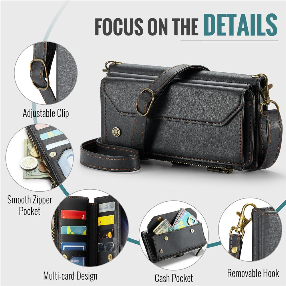 For Samsung Galaxy S23 Ultra Leather Case CASEME C36 Zipper Multiple Card Slots Phone Cover with Straps