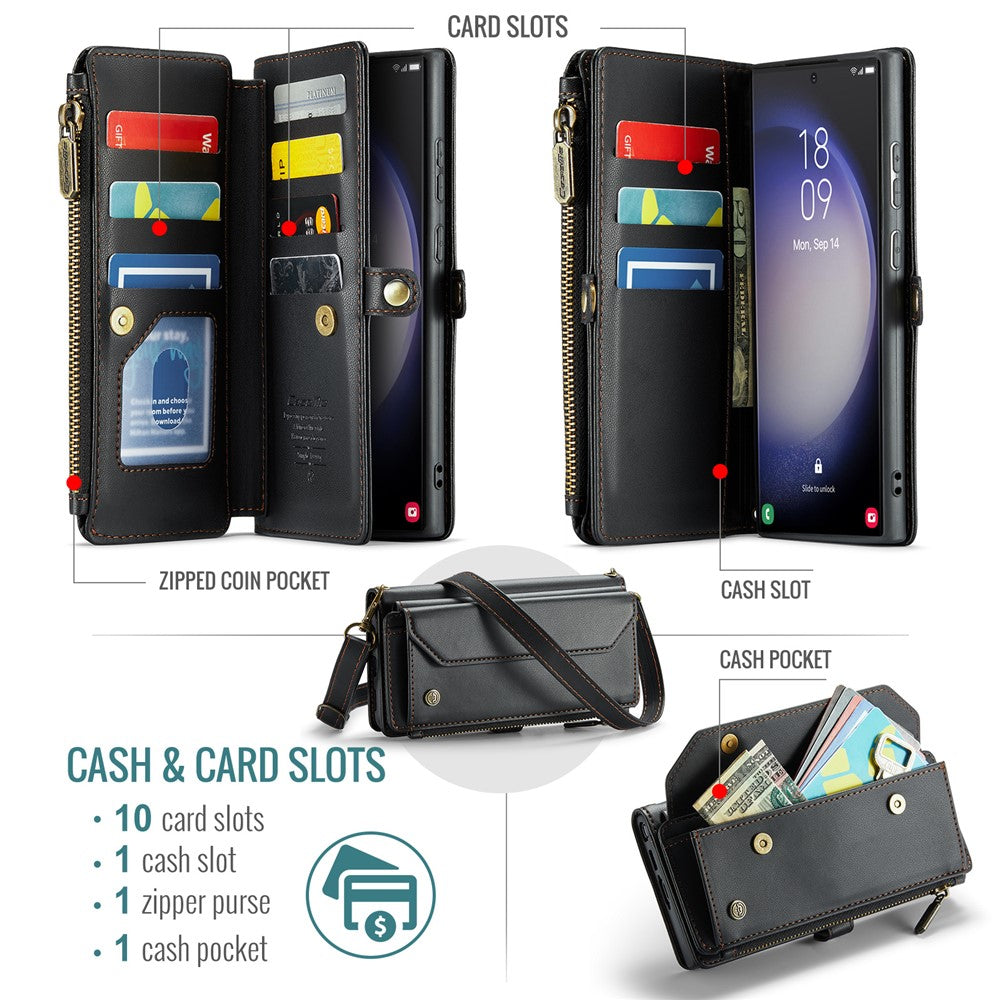 For Samsung Galaxy S23 Ultra Leather Case CASEME C36 Zipper Multiple Card Slots Phone Cover with Straps