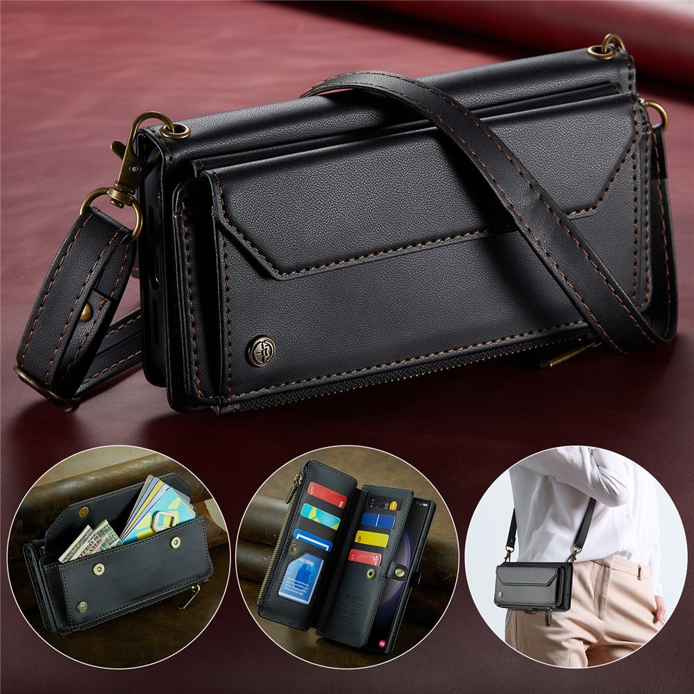 For Samsung Galaxy S23 Ultra Leather Case CASEME C36 Zipper Multiple Card Slots Phone Cover with Straps