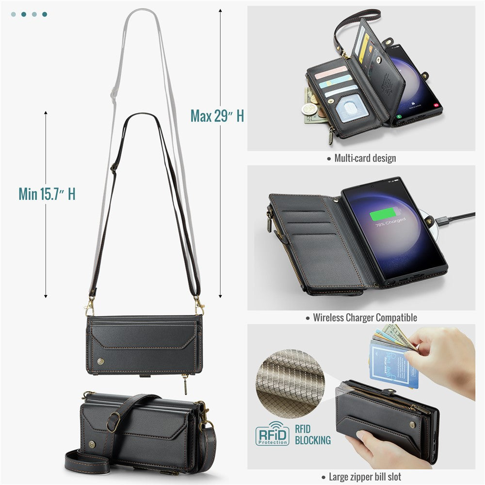 For Samsung Galaxy S23 Ultra Leather Case CASEME C36 Zipper Multiple Card Slots Phone Cover with Straps