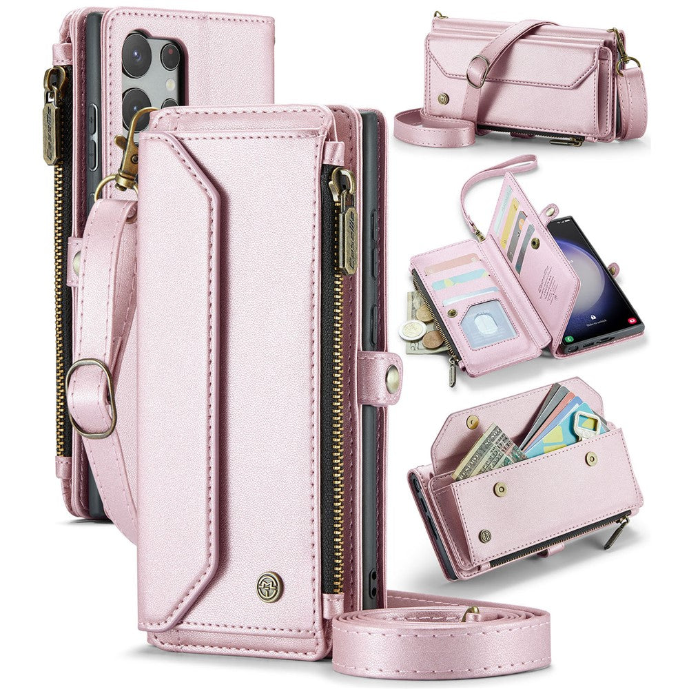 For Samsung Galaxy S23 Ultra Leather Case CASEME C36 Zipper Multiple Card Slots Phone Cover with Straps