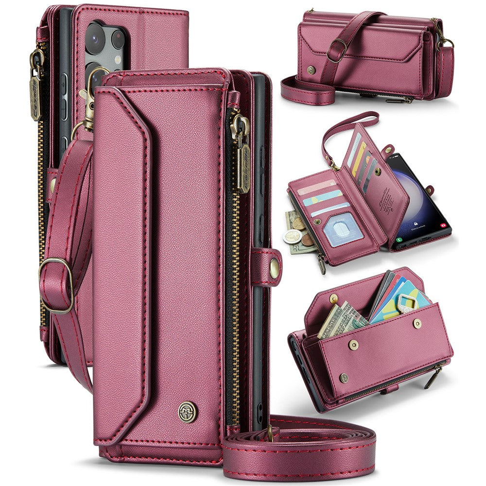 For Samsung Galaxy S23 Ultra Leather Case CASEME C36 Zipper Multiple Card Slots Phone Cover with Straps