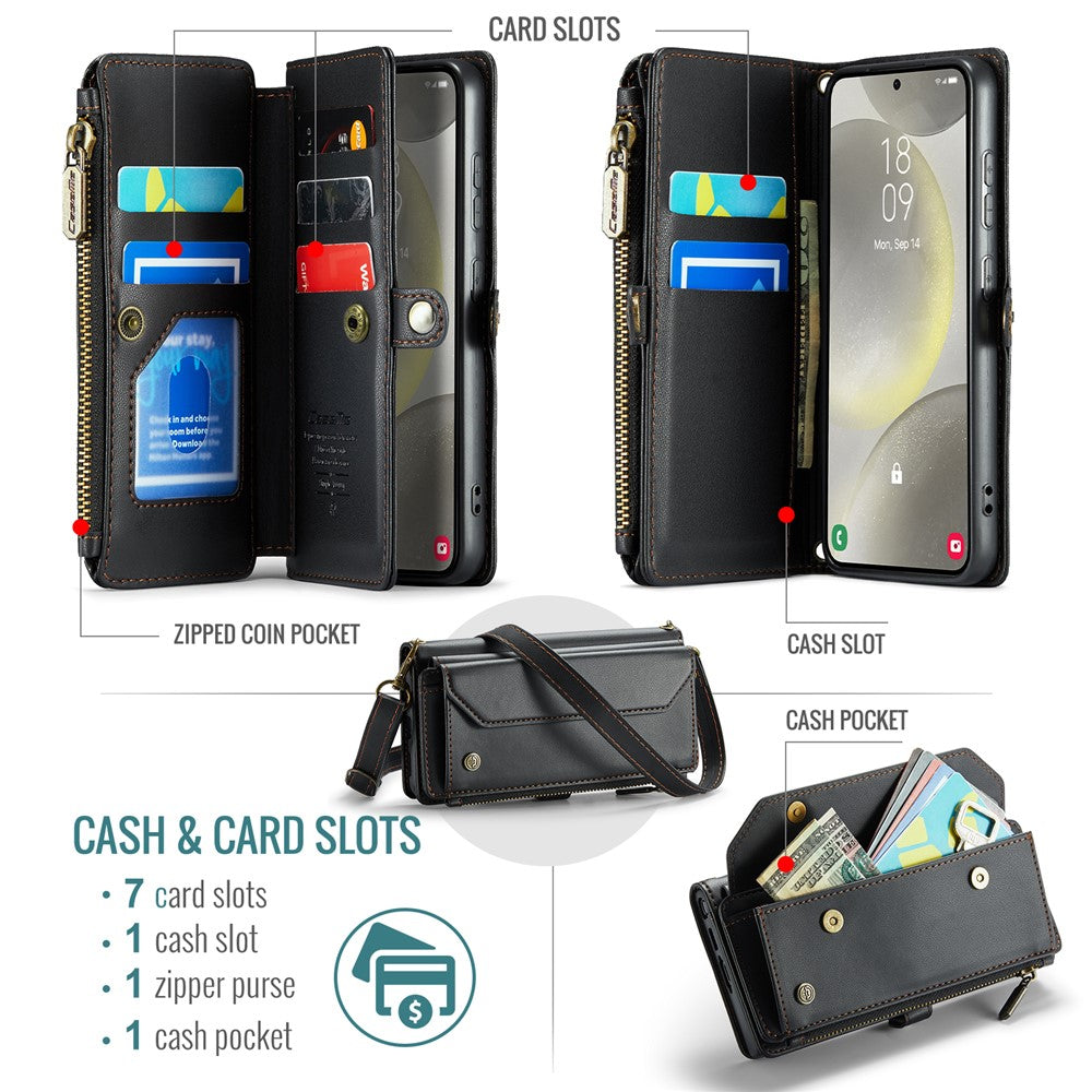 For Samsung Galaxy S24+ Leather Case CASEME C36 Zipper Multiple Card Slots Phone Cover with Straps