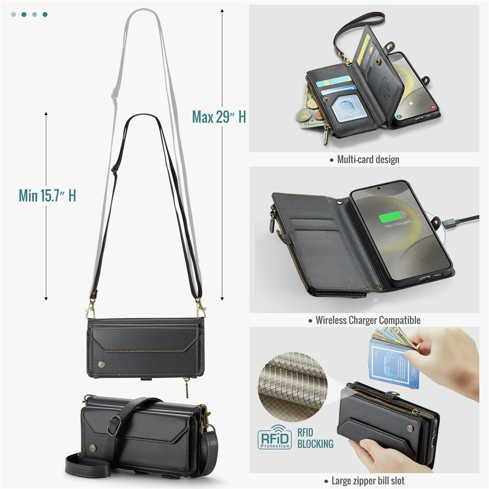 For Samsung Galaxy S24+ Leather Case CASEME C36 Zipper Multiple Card Slots Phone Cover with Straps