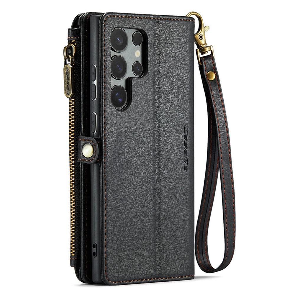 Läderfodral för Samsung Galaxy S24 Ultra CASEME C36 Dragkedja Flera Kortfack mobilskal med Remmar