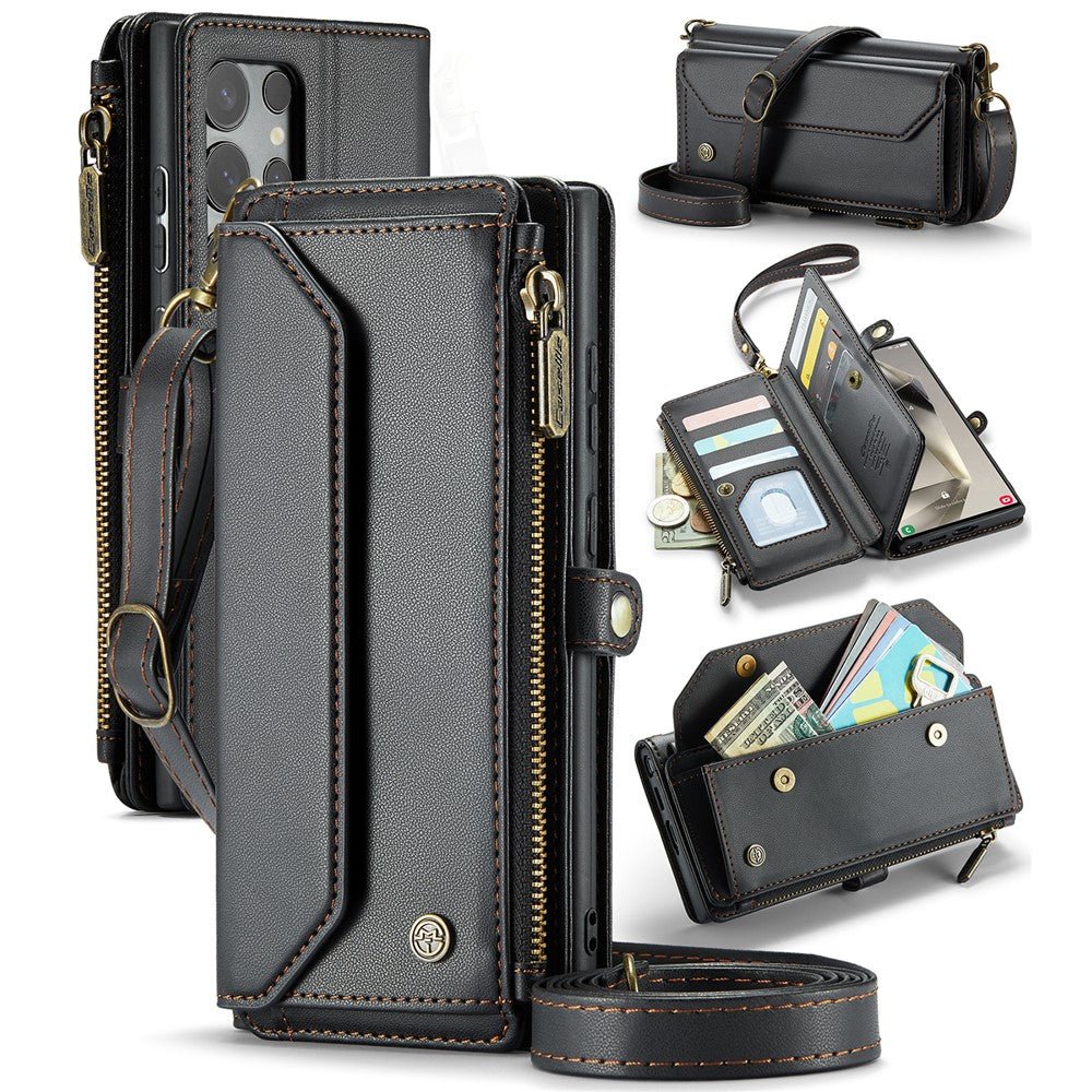 Läderfodral för Samsung Galaxy S24 Ultra CASEME C36 Dragkedja Flera Kortfack mobilskal med Remmar