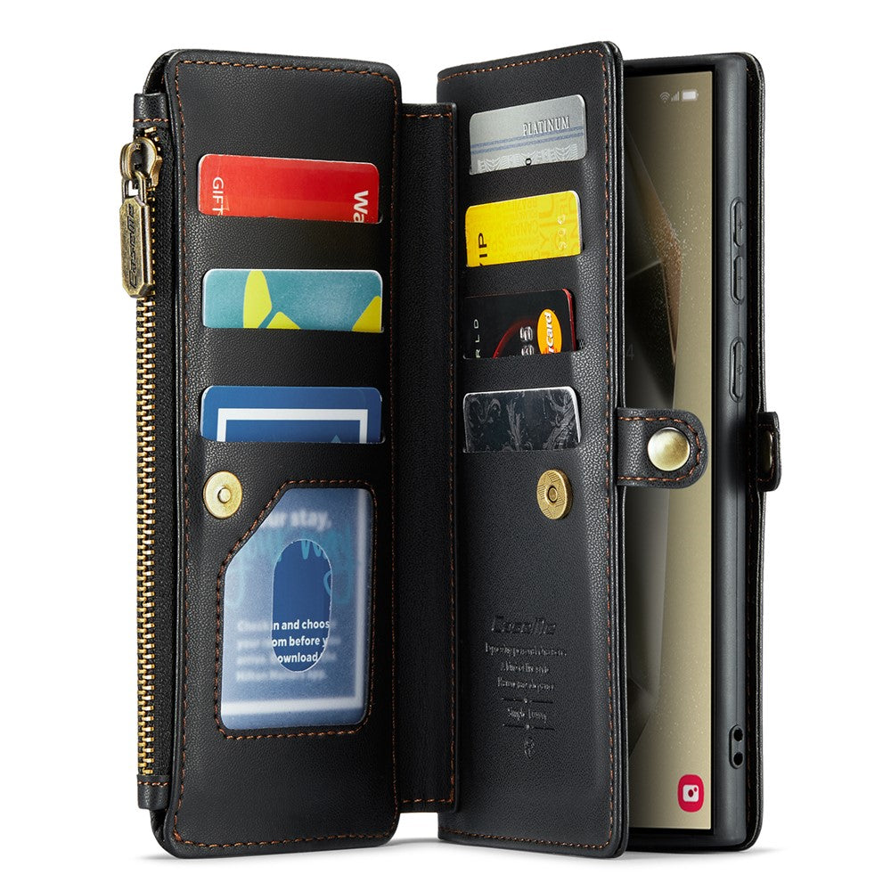 Läderfodral för Samsung Galaxy S24 Ultra CASEME C36 Dragkedja Flera Kortfack mobilskal med Remmar