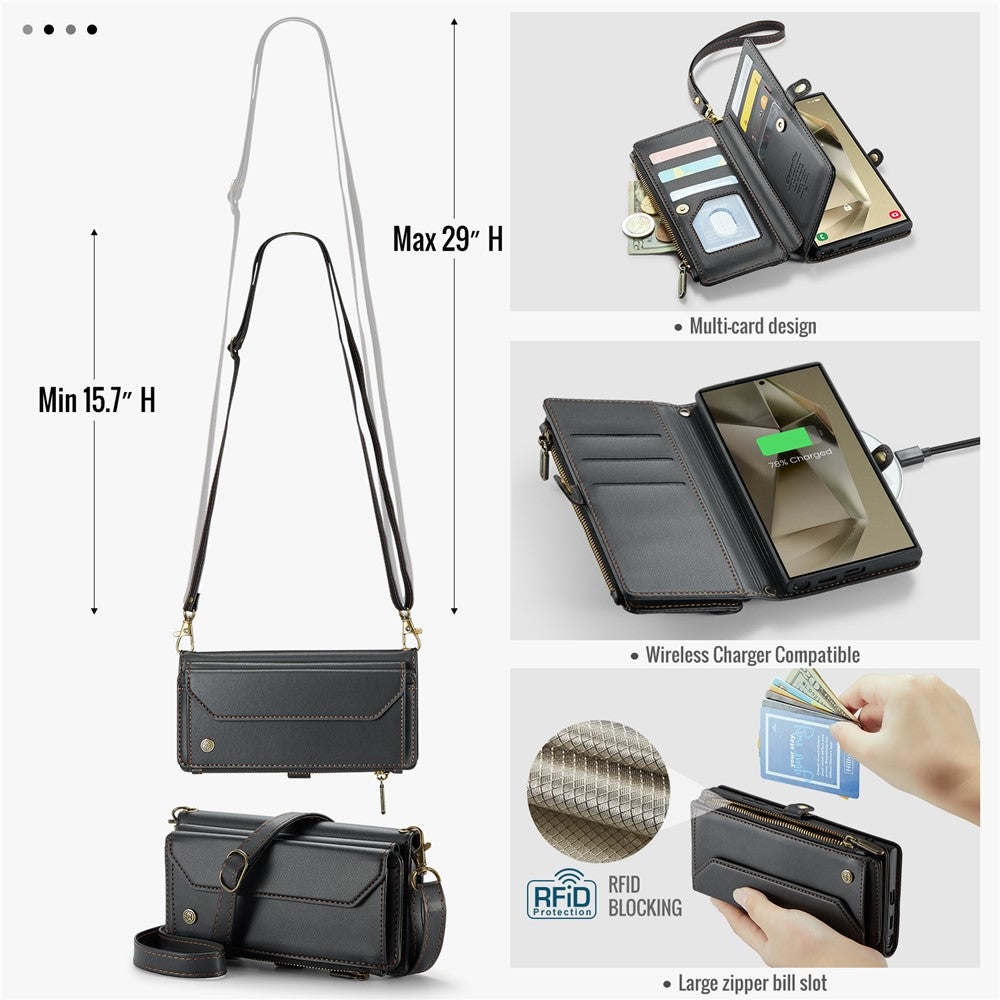 Läderfodral för Samsung Galaxy S24 Ultra CASEME C36 Dragkedja Flera Kortfack mobilskal med Remmar