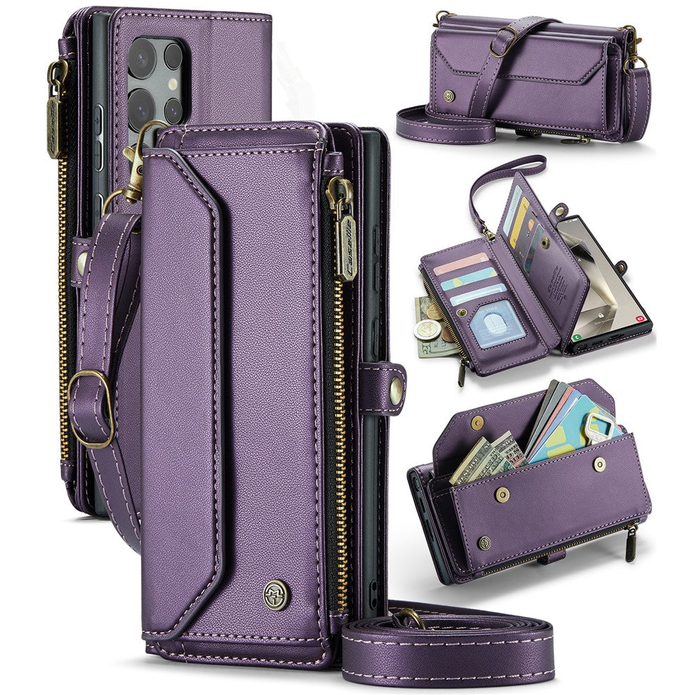 Läderfodral för Samsung Galaxy S24 Ultra CASEME C36 Dragkedja Flera Kortfack mobilskal med Remmar