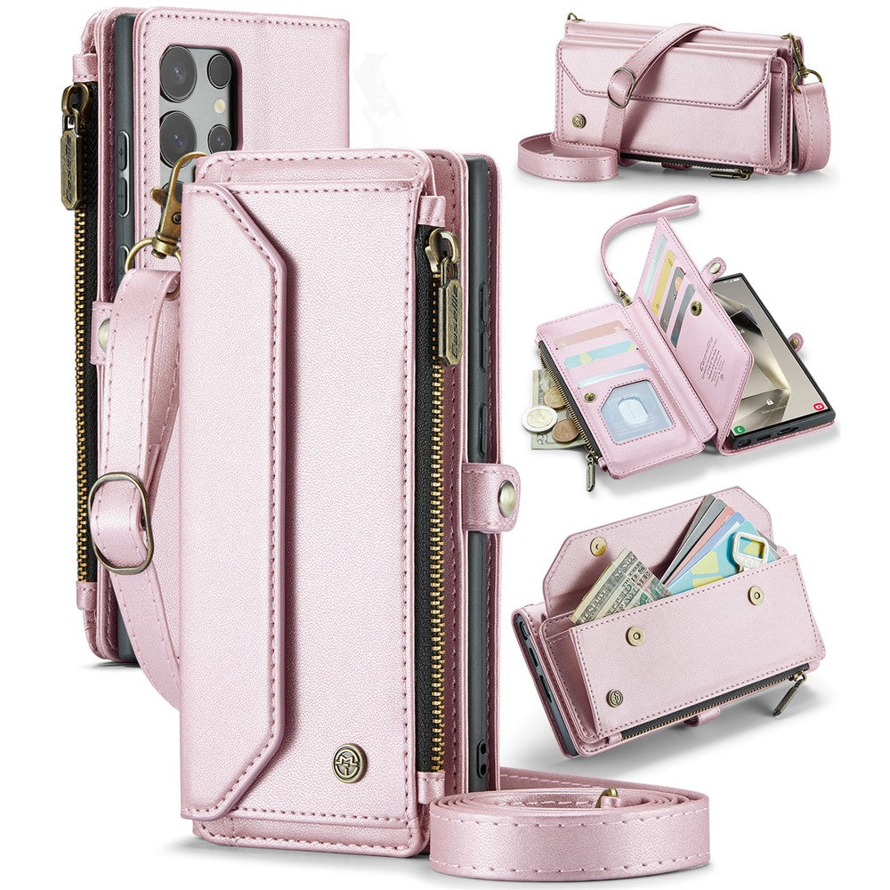 Till Samsung Galaxy S24 Ultra Läderfodral CASEME C36 Dragkedja Flera kortplatser Telefonfodral med remmar