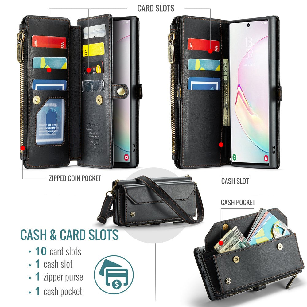 For Samsung Galaxy Note 10 Plus 4G / 5G Leather Case CASEME C36 Zipper Multiple Card Slots Phone Cover with Straps