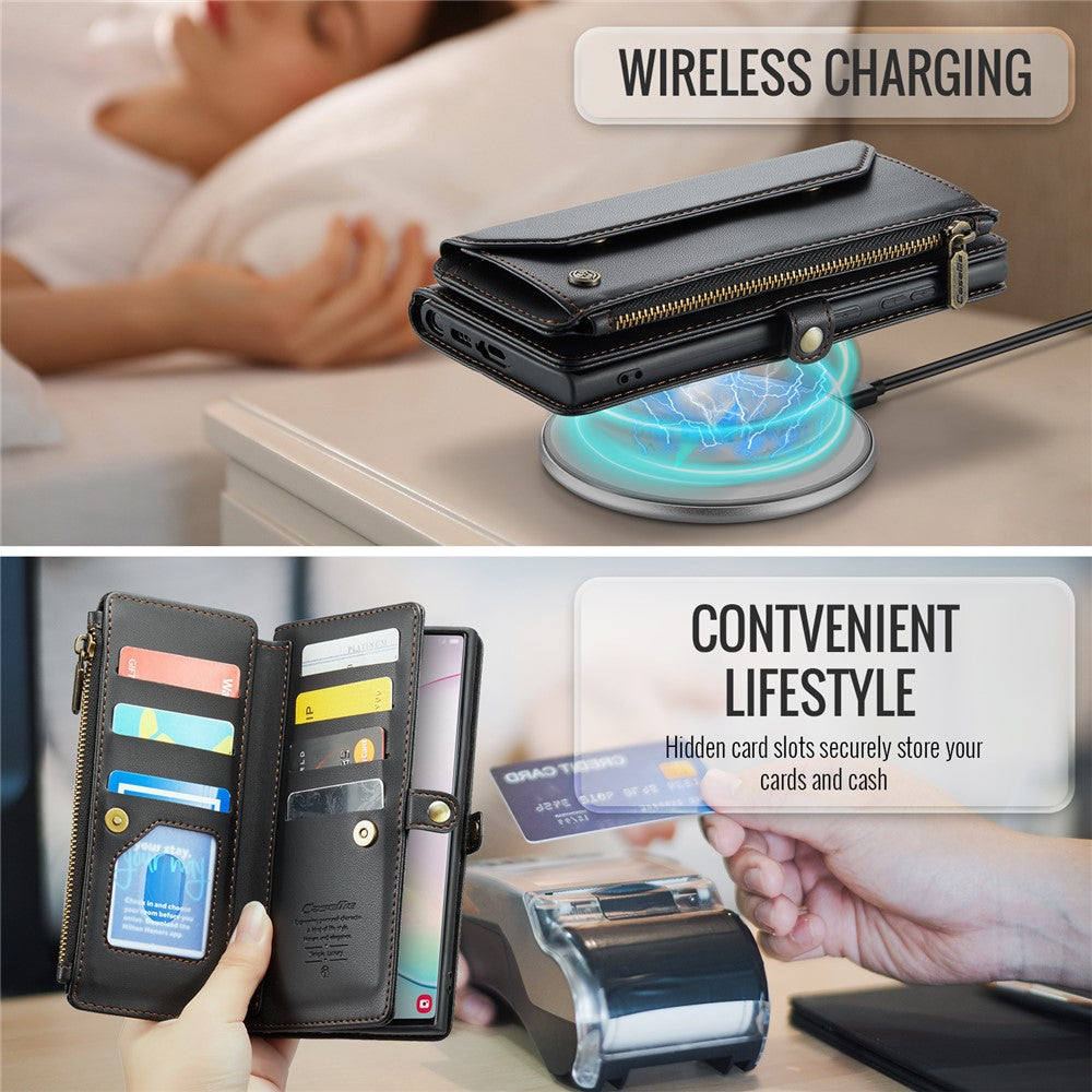 For Samsung Galaxy Note 10 Plus 4G / 5G Leather Case CASEME C36 Zipper Multiple Card Slots Phone Cover with Straps
