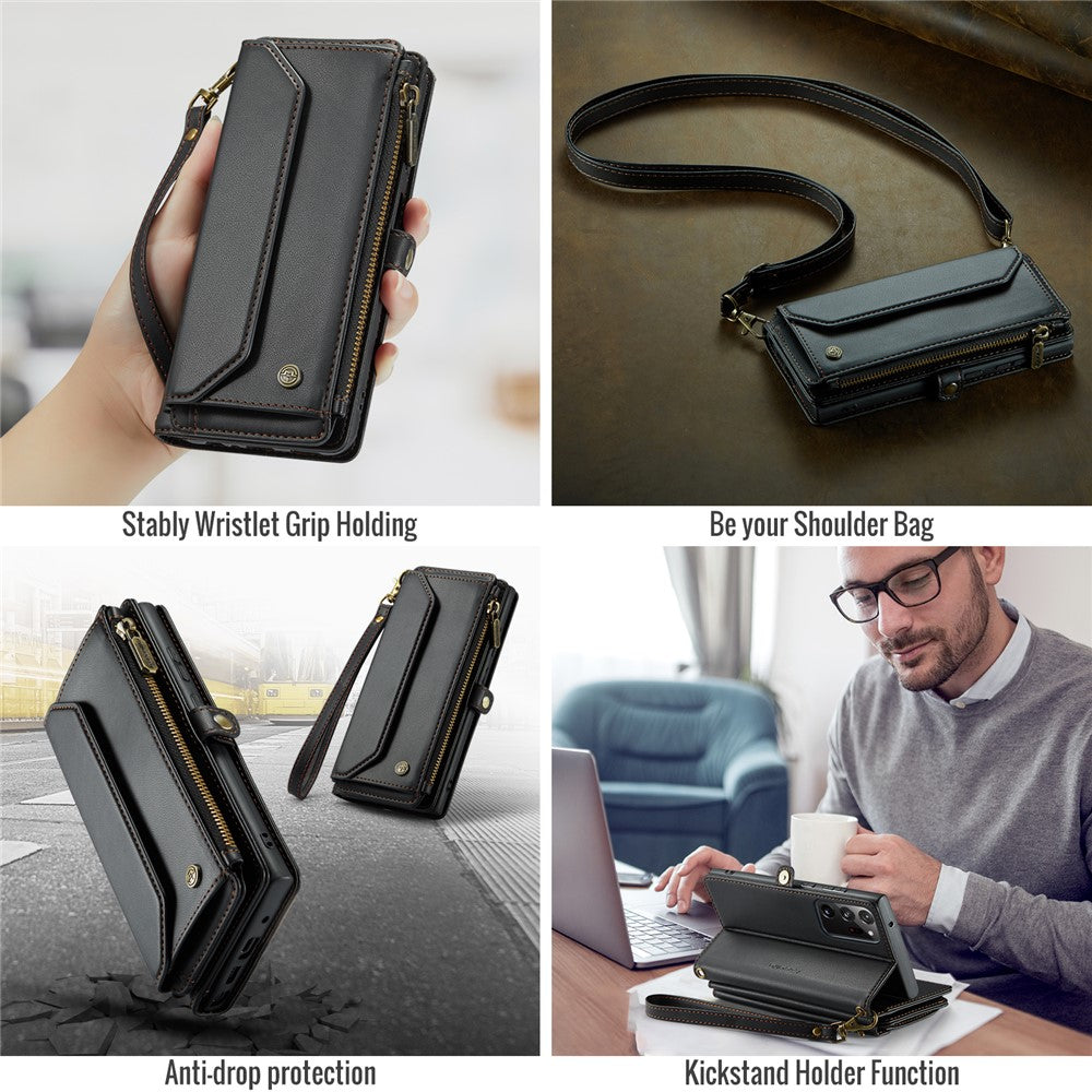 For Samsung Galaxy Note20 Ultra / Note20 Ultra 5G Leather Case CASEME C36 Zipper Multiple Card Slots Phone Cover with Straps