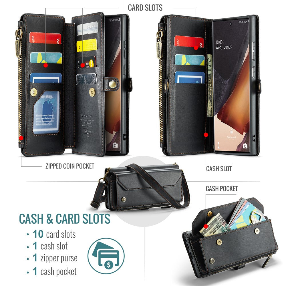 For Samsung Galaxy Note20 Ultra / Note20 Ultra 5G Leather Case CASEME C36 Zipper Multiple Card Slots Phone Cover with Straps