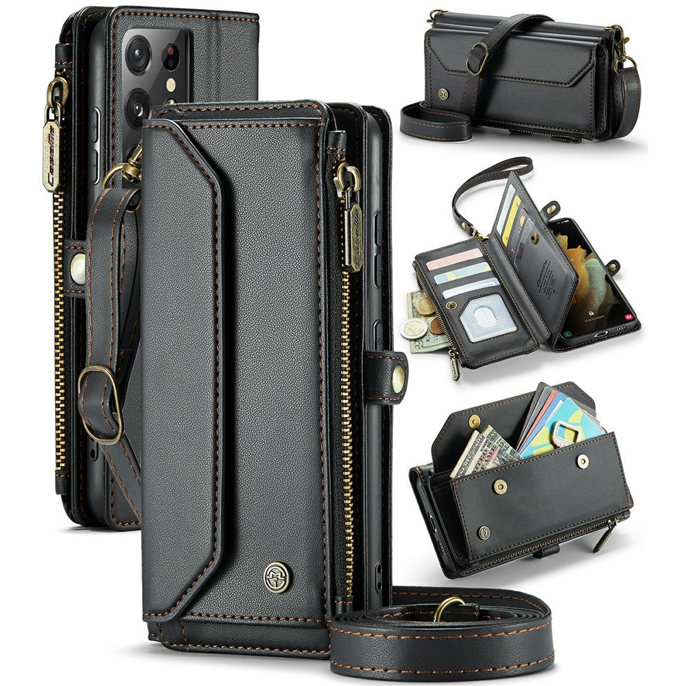 For Samsung Galaxy S21 Ultra 5G Leather Case CASEME C36 Zipper Multiple Card Slots Phone Cover with Straps