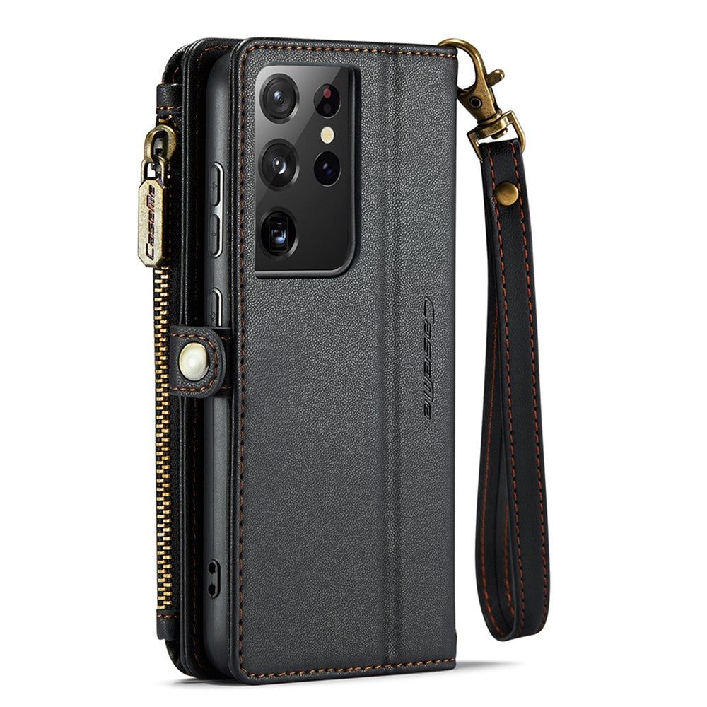 For Samsung Galaxy S21 Ultra 5G Leather Case CASEME C36 Zipper Multiple Card Slots Phone Cover with Straps